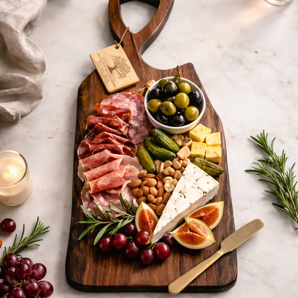 Heirloom Walnut Live Edge Charcuterie Board, thick and substantial, 23.5 x 11 x 1.5, wrought iron handle, serving tray, decorative kitchen