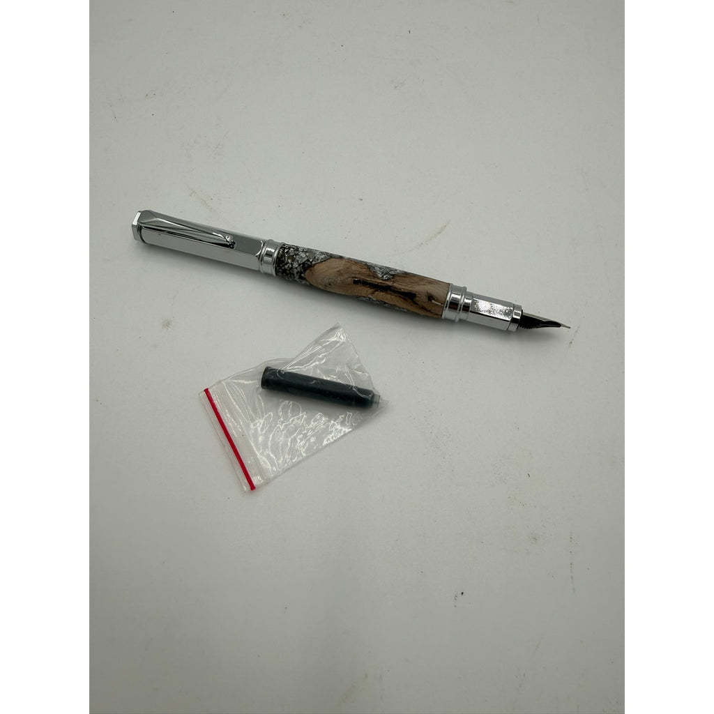 Hand Turned Fountain Pen with Silver Accents, epoxy barrel with silver flake and grapevine, includes ink pump and cartridge, handmade gift