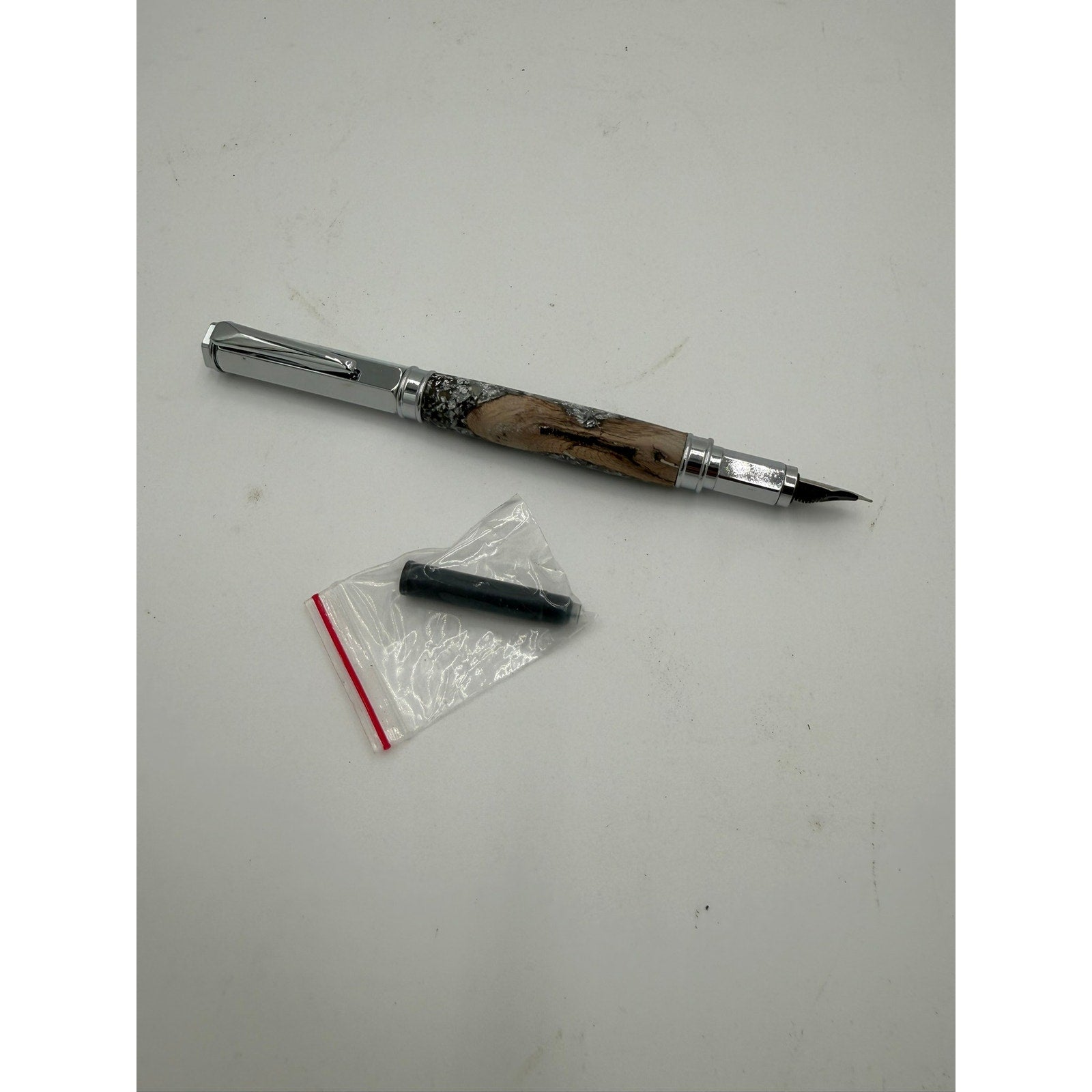 Hand Turned Fountain Pen with Silver Accents, epoxy barrel with silver flake and grapevine, includes ink pump and cartridge, handmade gift
