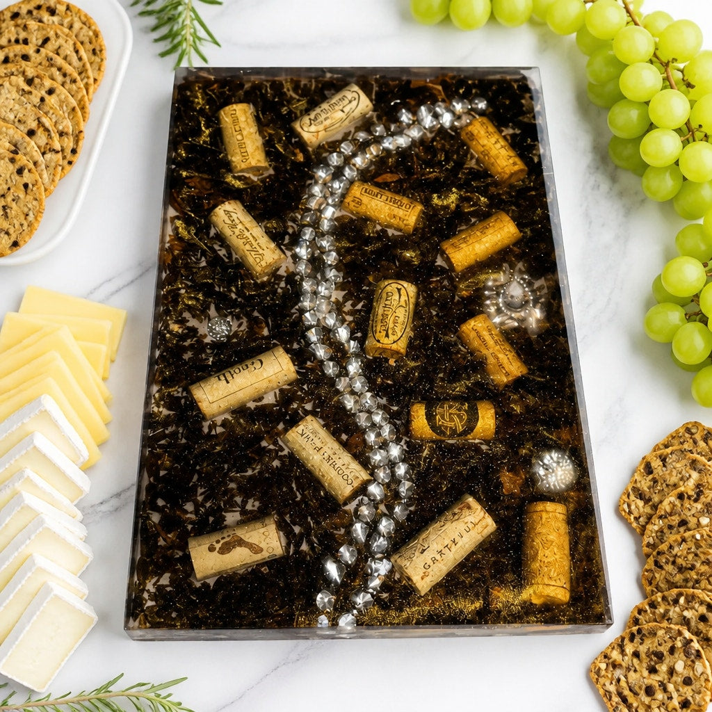 Handcrafted Epoxy Charcuterie Board, Wine Corks, Jewelry Inlay, Walnut Sawdust, SKU 1434