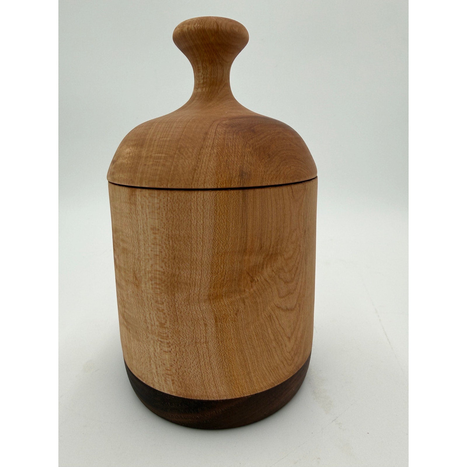 Hand Turned Figured Maple Lidded Box with Walnut Base, 4.25 x 7.5, tea bag storage, key holder, catchall, kitchen canister
