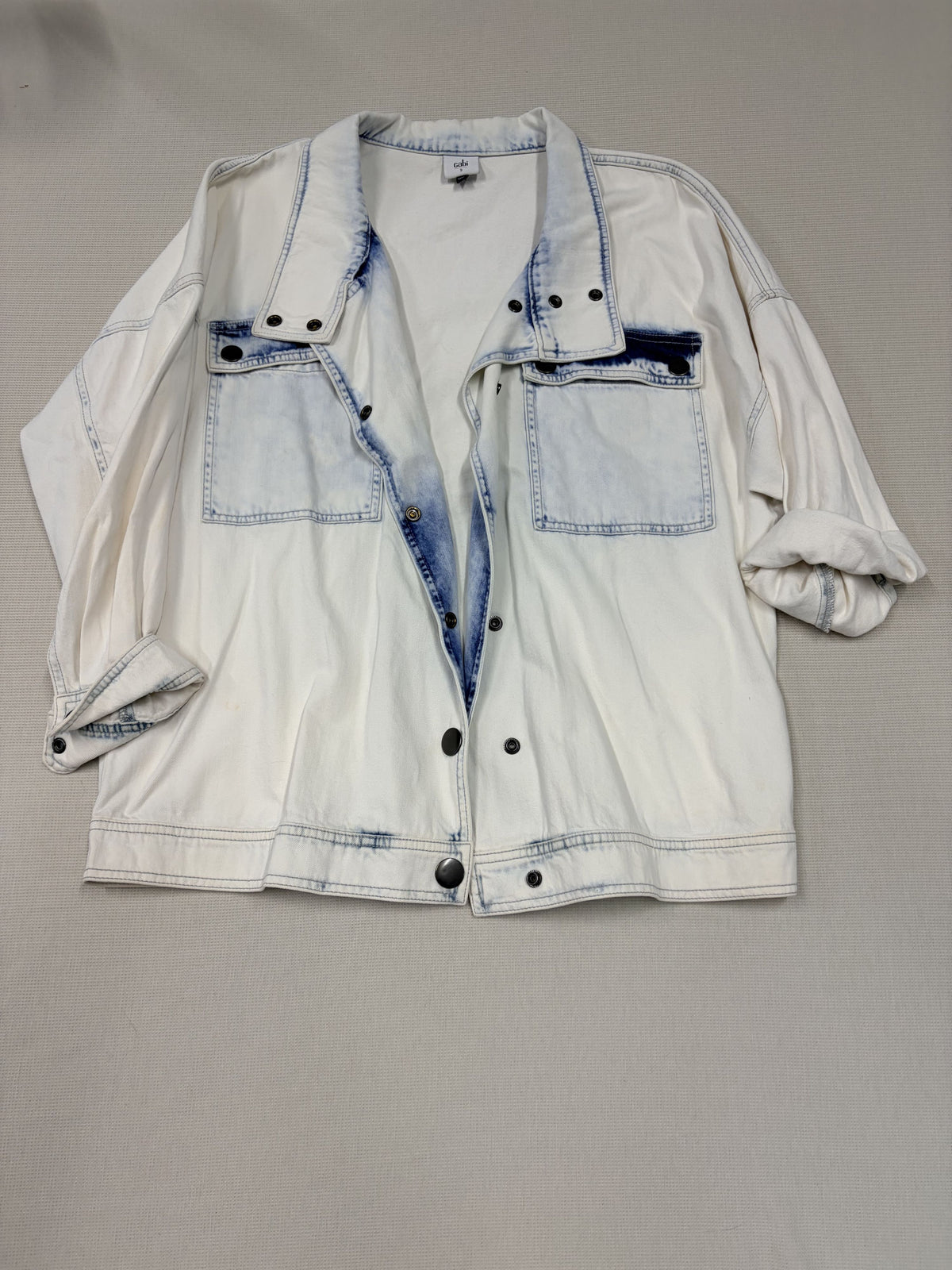 Cabi Drew Jacket White Bleach Wash Denim Snap Button Women's S - Image 1
