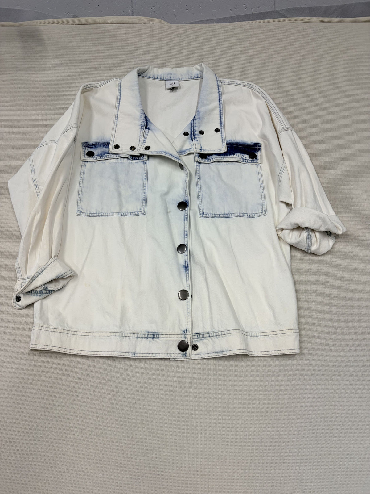 Cabi Drew Jacket White Bleach Wash Denim Snap Button Women's S - Image 2