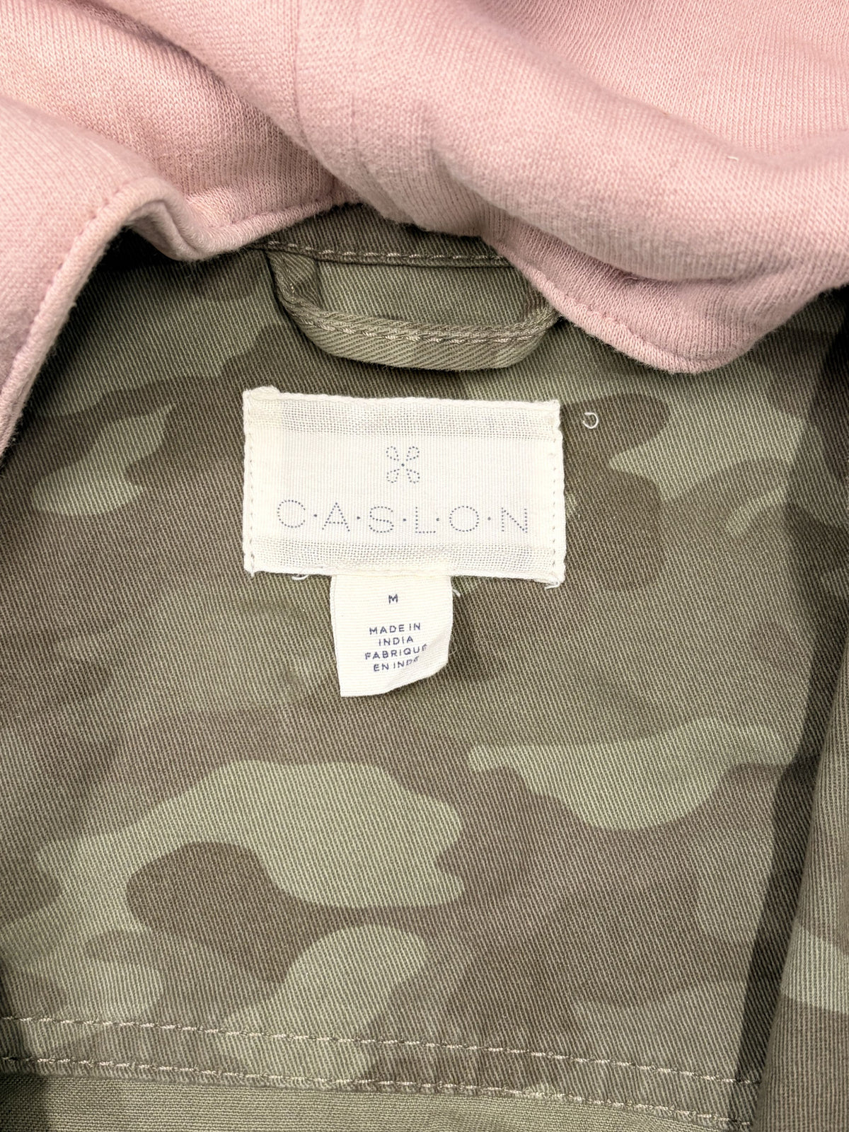 Caslon Hooded Camo Utility Jacket Green Camouflage Pink Hood Medium Women's - Image 2