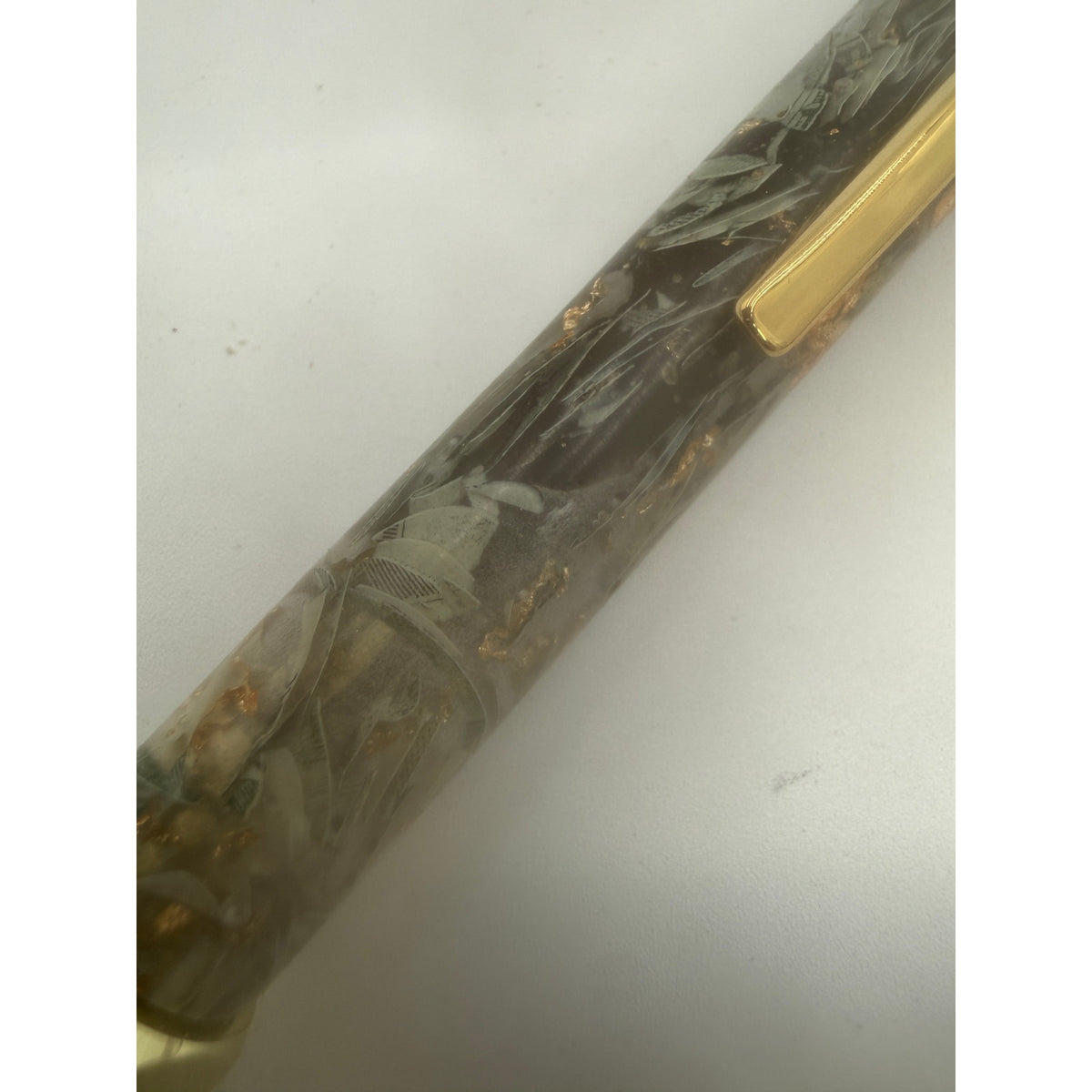 Custom Money Contour Twist Pen, Gold Hardware, Epoxy Barrel, Shredded Currency, SKU 1475
