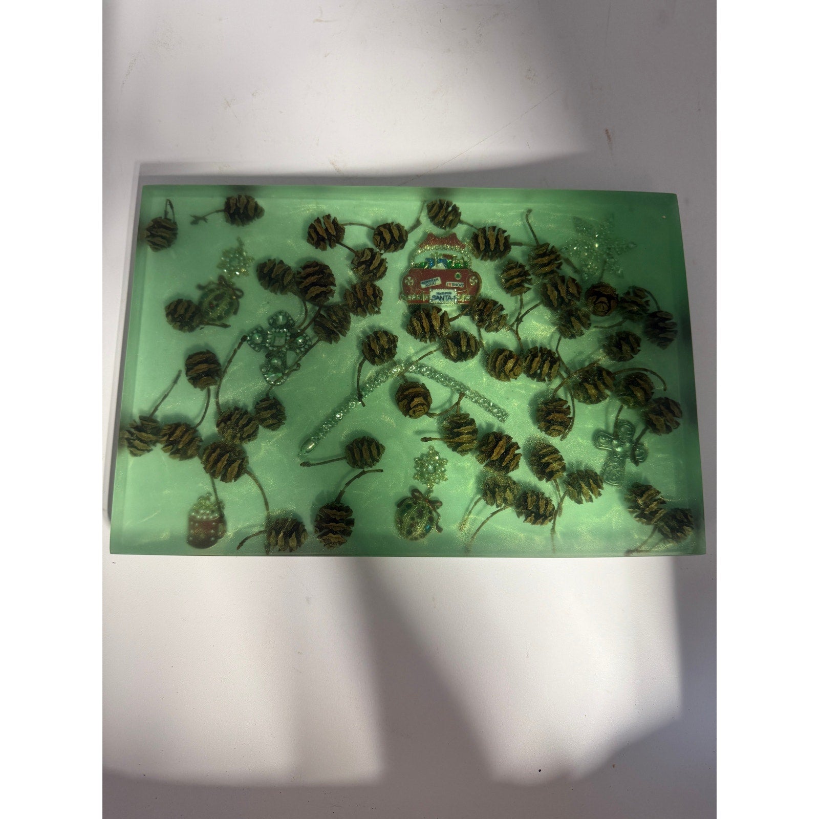 Christmas Theme Charcuterie Board, Green Epoxy, Pine Cone Accents, Handcrafted, 12x8x1.25