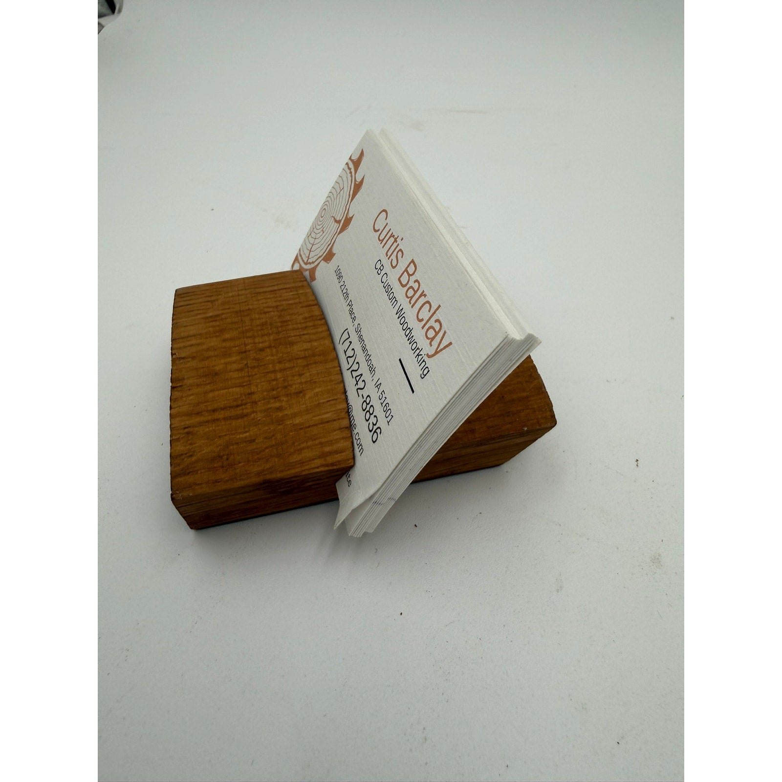 Whiskey Barrel Stave Business Card Holder, handmade wood stand, rustic desk accessory, 3x2.75 in, functional display