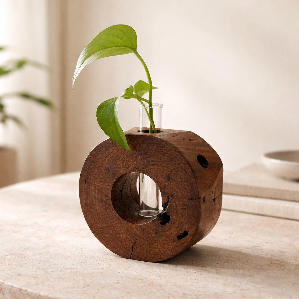 Handcrafted Wood Propagation Station Vase, 6 x 2.5 in, glass tube bud vase, propagate cuttings, display dried florals