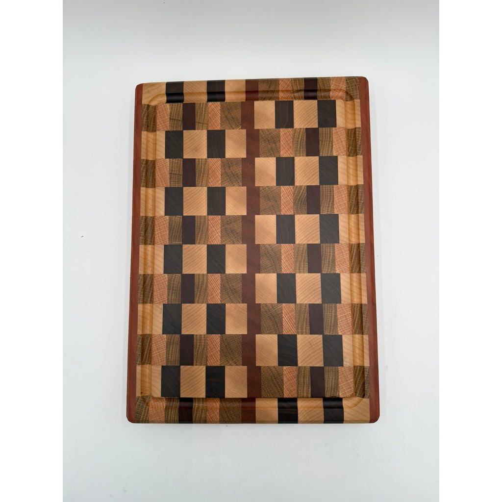 Premium End Grain Cutting Board Handmade, 16.5 x 11.5 x 1.75, mixed hardwoods, juice groove, finger grips, brass feet, gift ready