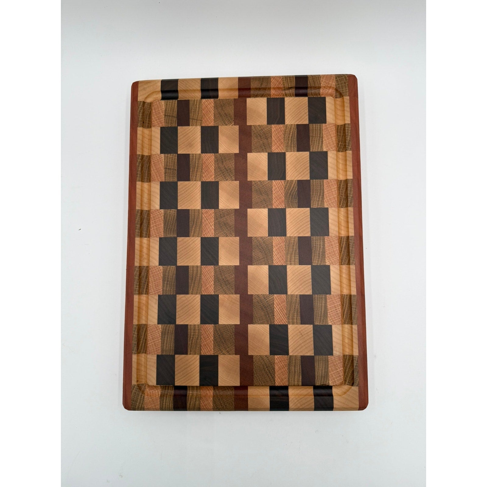 Premium End Grain Cutting Board Handmade, 16.5 x 11.5 x 1.75, mixed hardwoods, juice groove, finger grips, brass feet, gift ready
