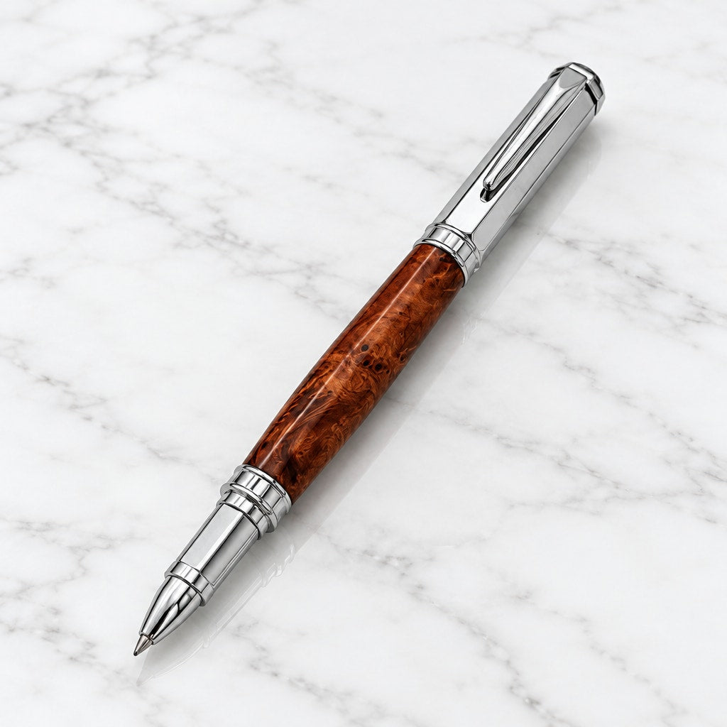 Vertex Rollerball Pen in Thuya Burl Wood, Hand Turned Barrel, Chrome Finish, SKU 1558