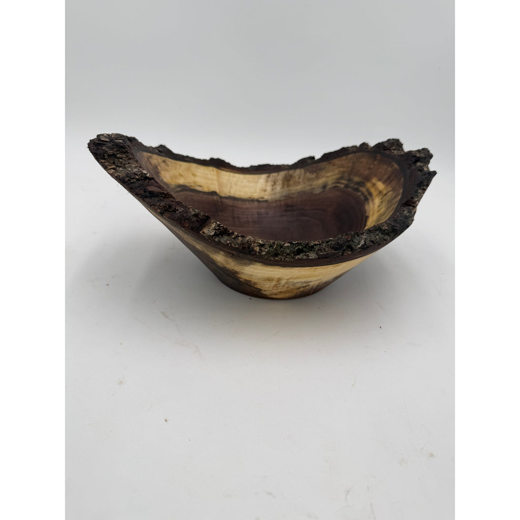Live Edge Walnut Bark Rim Hand Turned Bowl, 11x8 size, 4.5 in tall, food safe finish, rustic centerpiece, artisan made