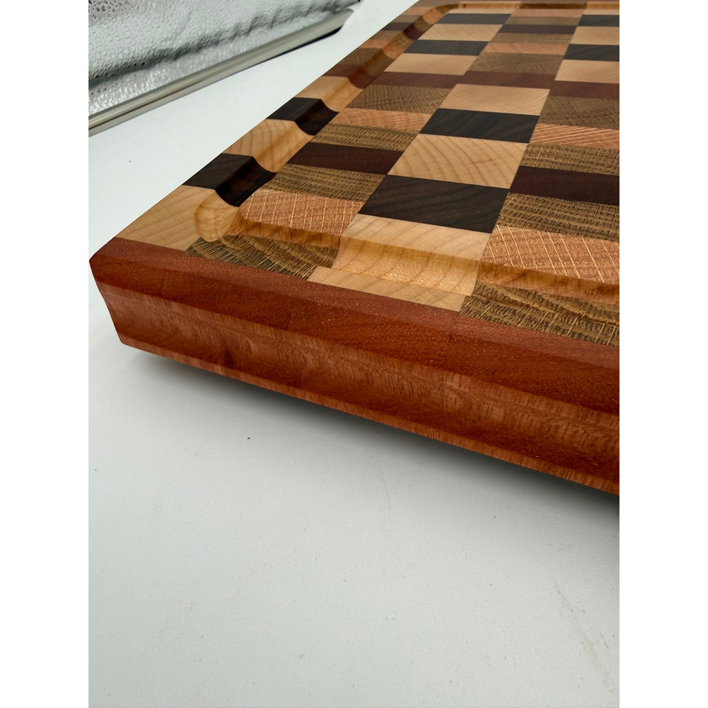 Premium End Grain Cutting Board Handmade, 16.5 x 11.5 x 1.75, mixed hardwoods, juice groove, finger grips, brass feet, gift ready