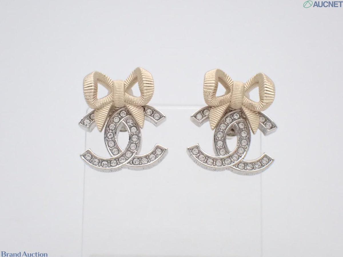 7608 - Chanel B24K Bow CC Crystal Earrings Made in Italy Post-back - Image 1