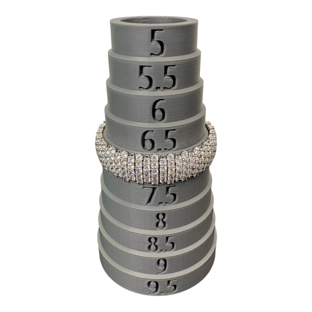 CURATED by Kira wide 5-row sterling silver tennis bracelet with round-cut cubic zirconia on a grey ring sizer