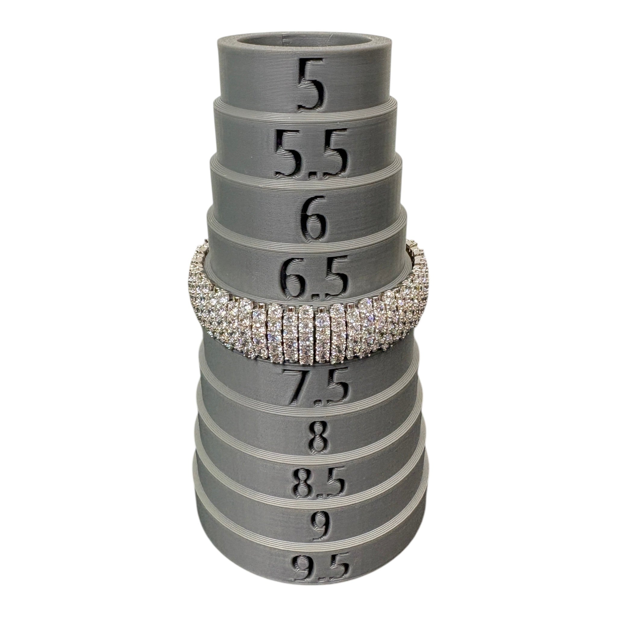 CURATED by Kira wide 5-row sterling silver tennis bracelet with round-cut cubic zirconia on a grey ring sizer