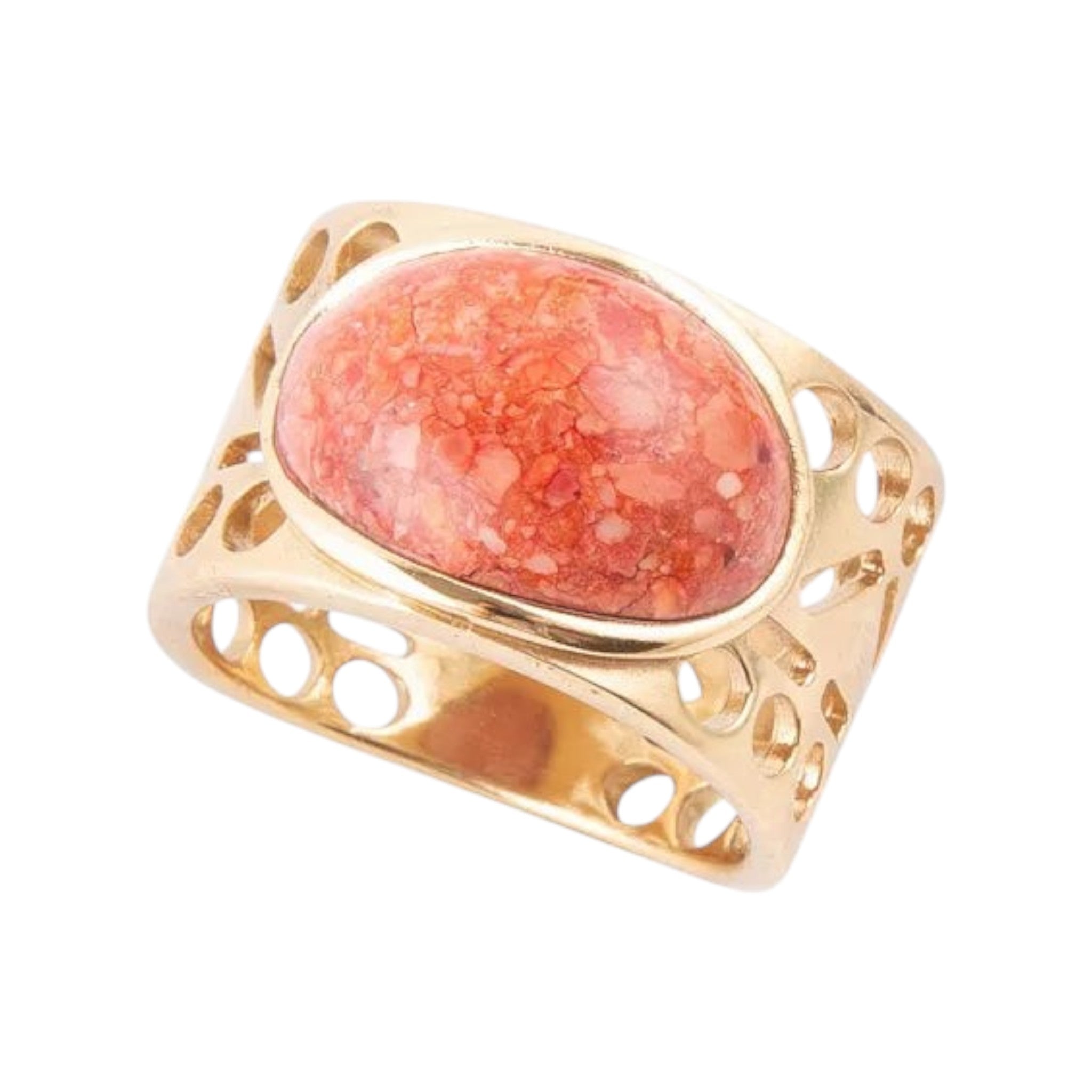 CURATED by Kira Barse Pharaoh oval band ring featuring genuine orange sponge coral set in a gold-tone cutout frame