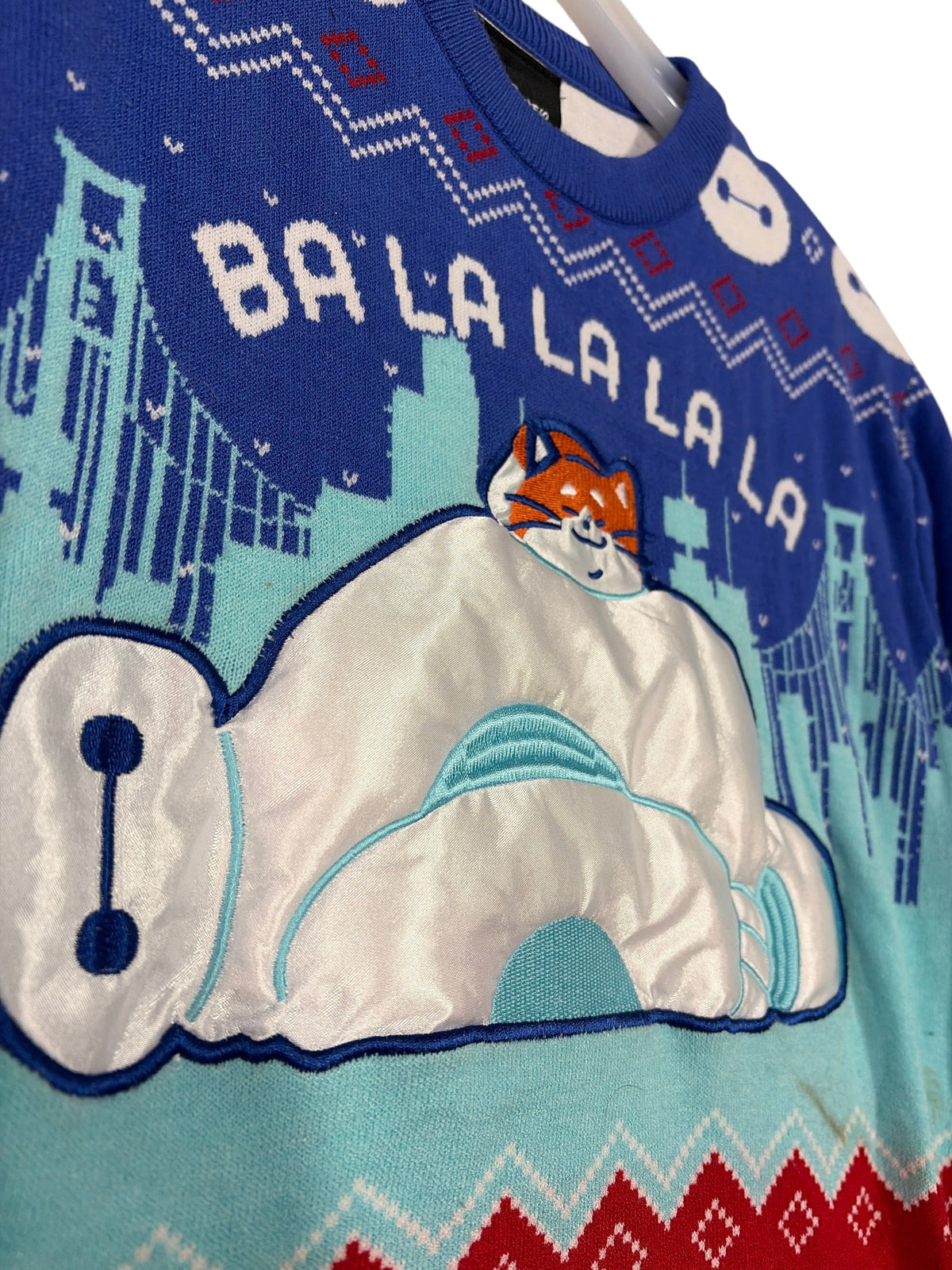 CURATED by Kira Disney Parks Big Hero 6 Baymax and Mochi holiday knit sweater with plush patch and festive patterns.