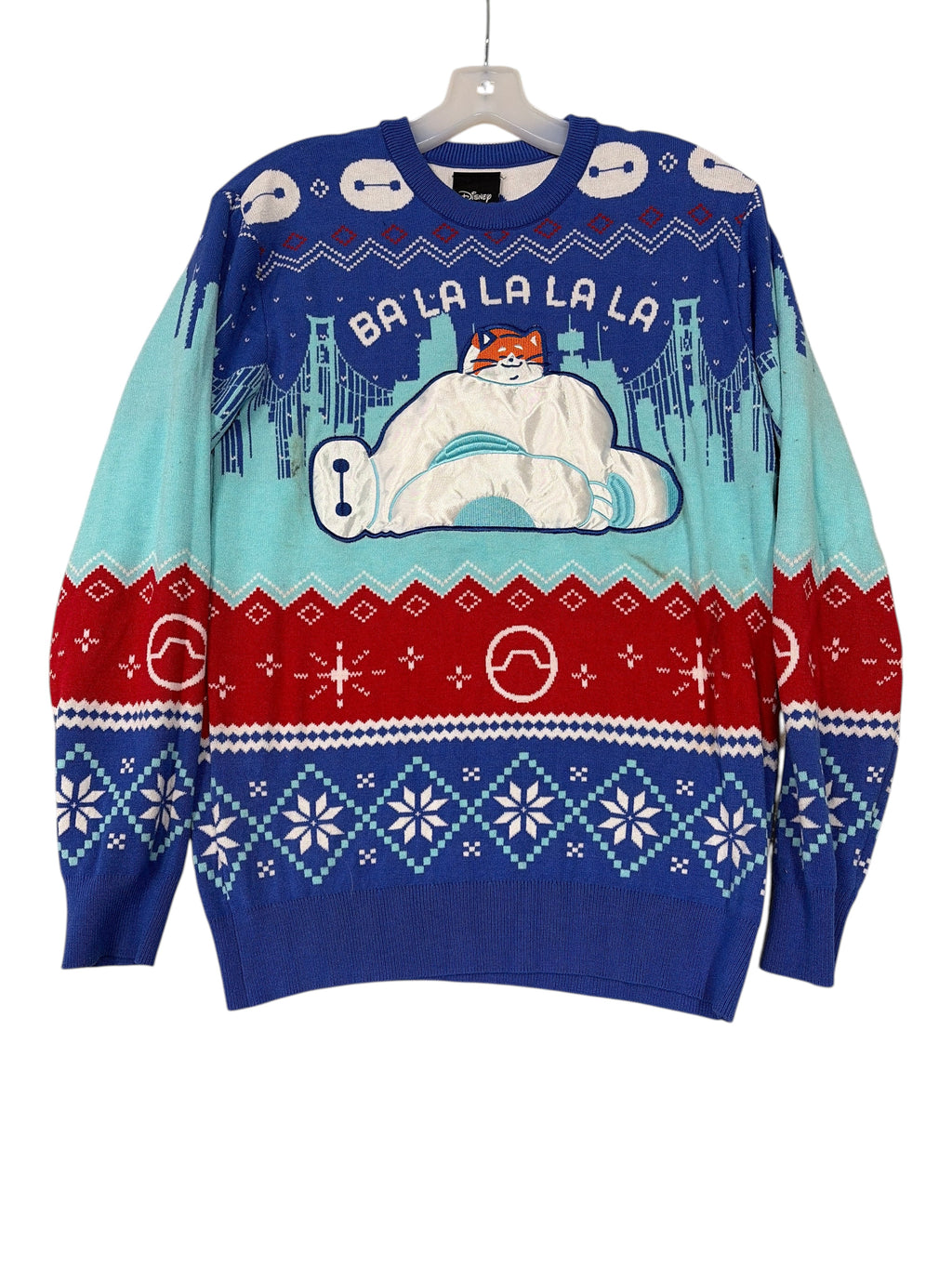 CURATED by Kira Disney Parks Big Hero 6 Baymax and Mochi holiday knit sweater in royal blue, red, and sky blue.