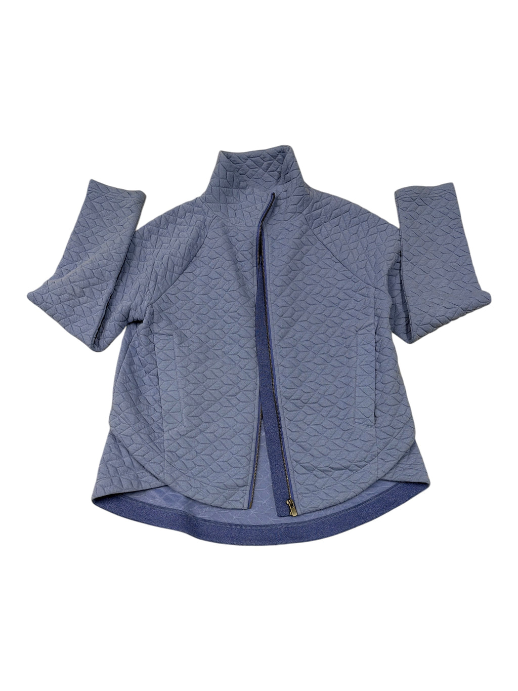 CURATED by Kira blue prism diamond quilted knit jacket with mock collar and high-low tulip hem