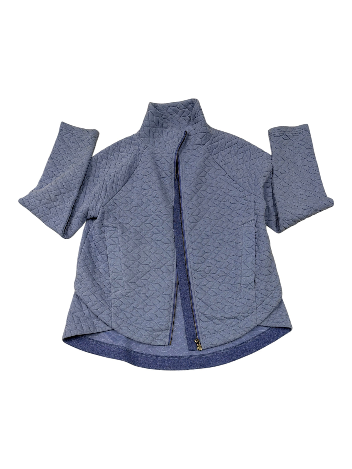 CURATED by Kira blue prism diamond quilted knit jacket with mock collar and high-low tulip hem