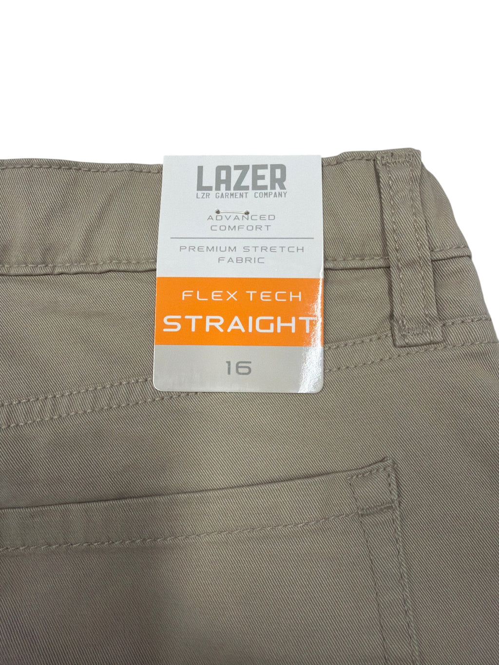 CURATED by Kira Boys Lazer Flex Tech straight-leg stretch pants in khaki with size 16 tag and 5-pocket design