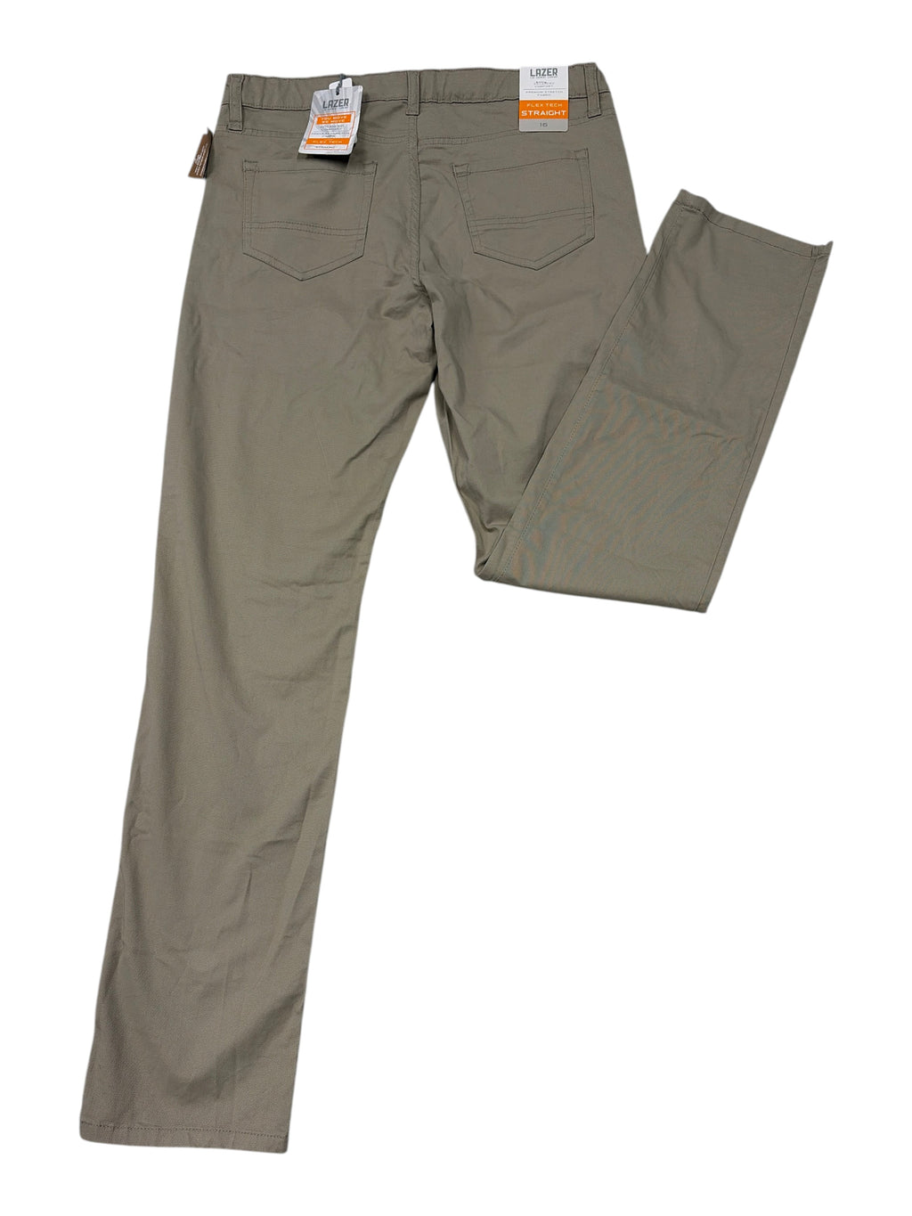 CURATED by Kira boys Lazer Flex Tech straight-leg stretch pants in olive green with 5-pocket design and tags attached.