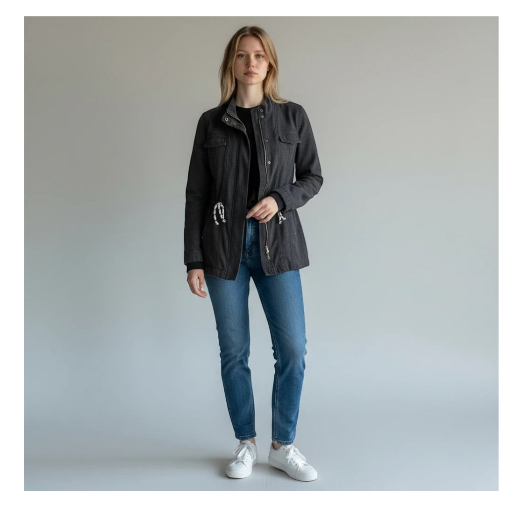 Model wearing a CURATED by Kira cabi charcoal gray cotton blend utility jacket with zip front and drawstring waist