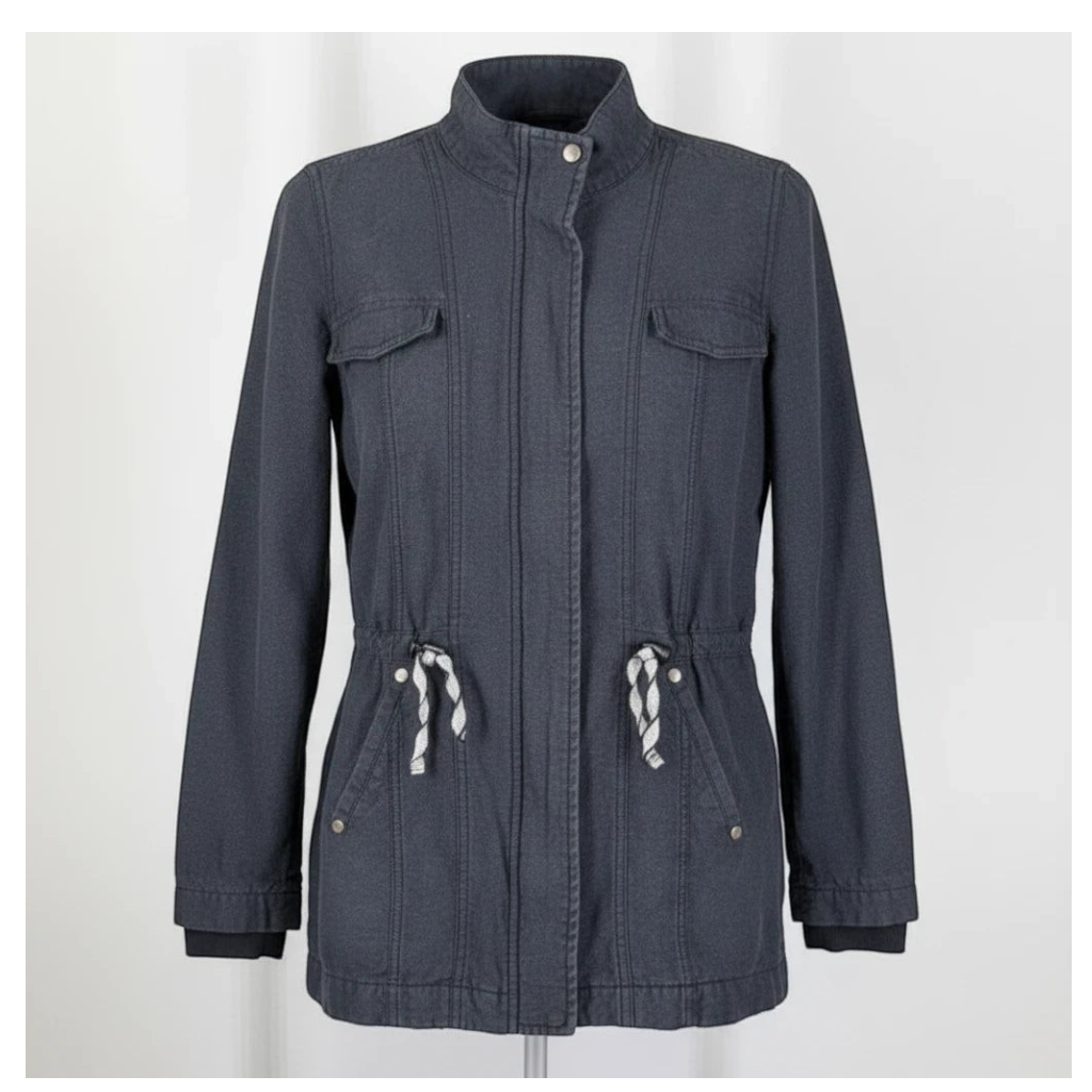 CURATED by Kira cabi charcoal gray cotton blend utility jacket with zip front, drawstring waist, and chest pockets.