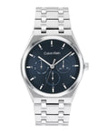 CURATED by Kira Calvin Klein Motion men's watch with a textured navy blue dial and silver stainless steel bracelet.