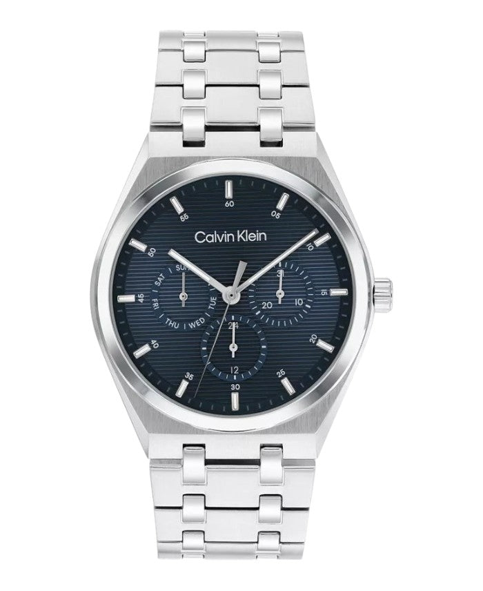 CURATED by Kira Calvin Klein Motion men's watch with a textured navy blue dial and silver stainless steel bracelet.