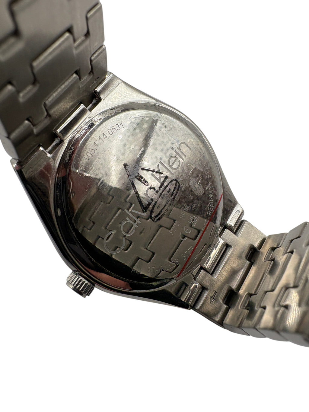 CURATED by Kira Calvin Klein Motion watch stainless steel case back with engraved logo and model details