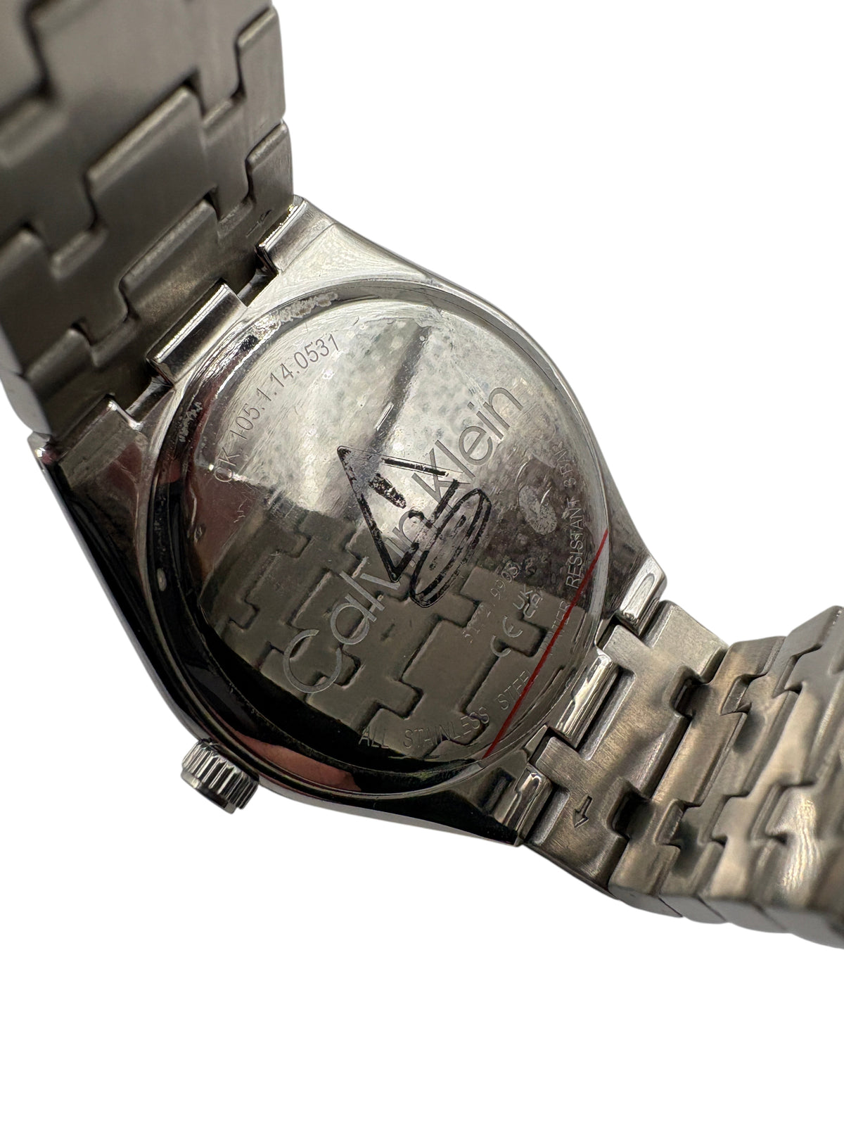 CURATED by Kira Calvin Klein Motion watch stainless steel case back with engraved logo and model details