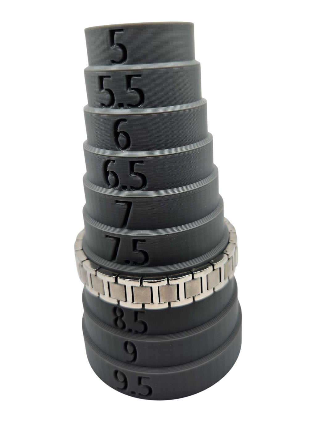 CURATED by Kira Caravelle silver-tone stainless steel link bracelet on a grey sizing mandrel