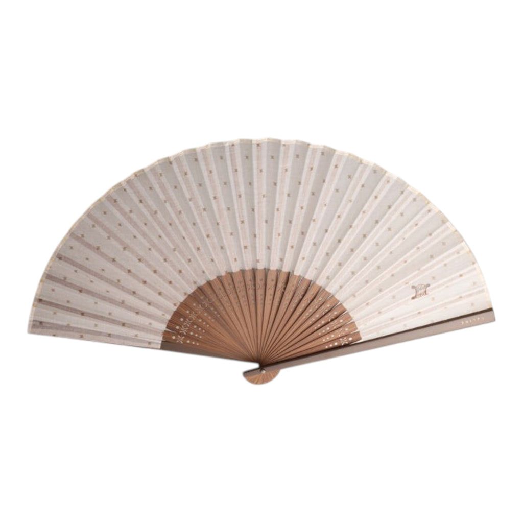 CURATED by Kira beige Celine folding fan with signature monogram pattern and wooden frame