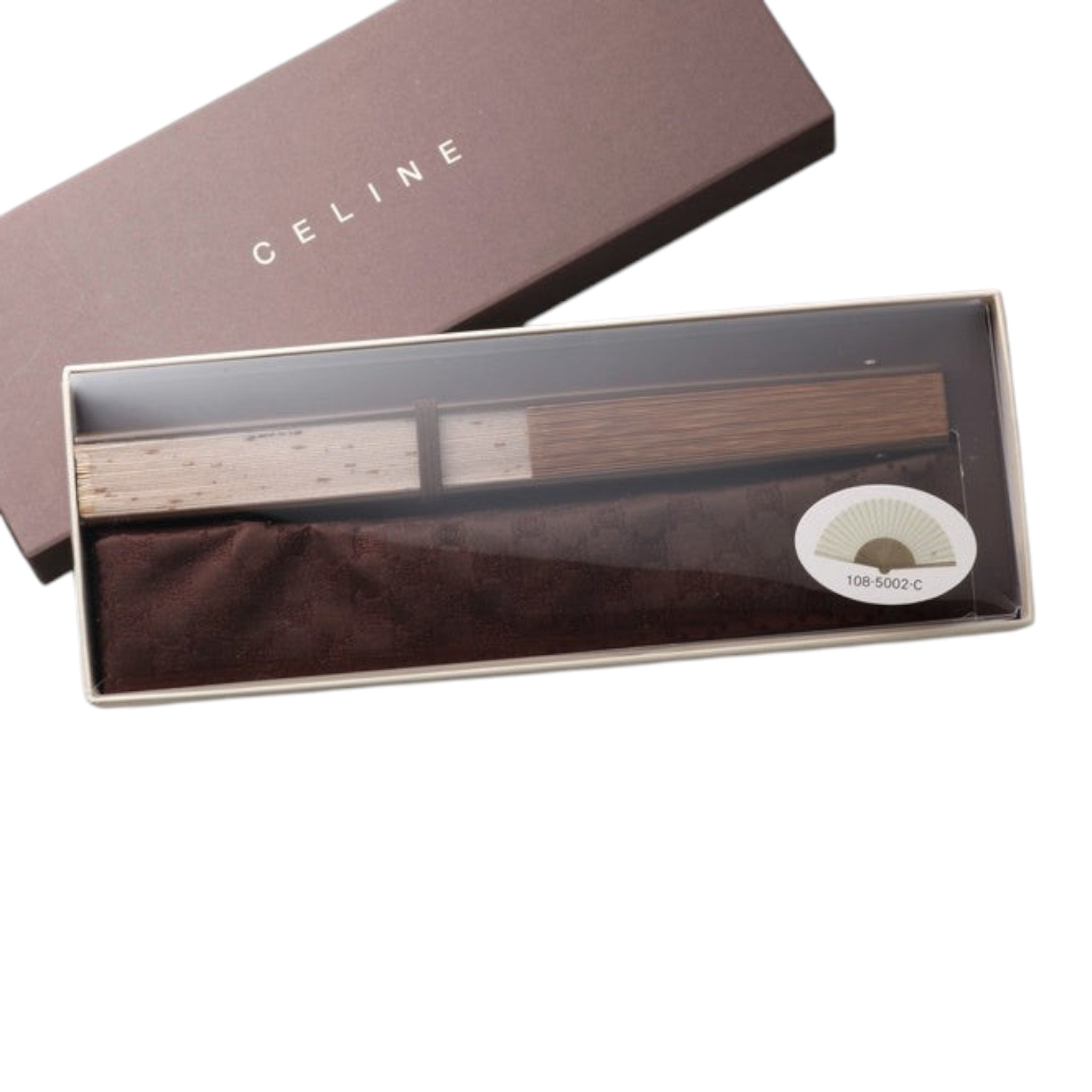 CURATED by Kira Celine beige folding fan with wooden handle, presented in a branded storage box with a fabric pouch.