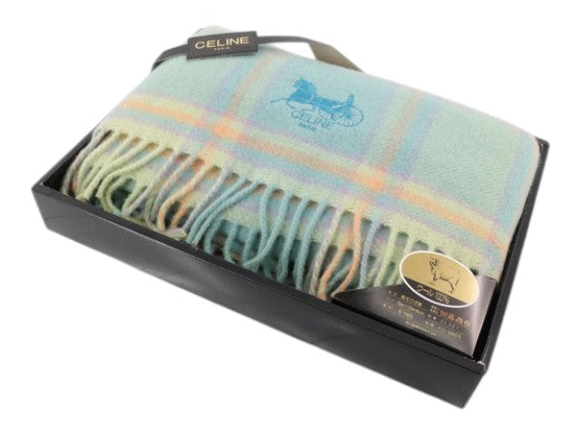 CURATED by Kira unused Celine green plaid wool throw blanket with fringe and embroidered horse and carriage logo