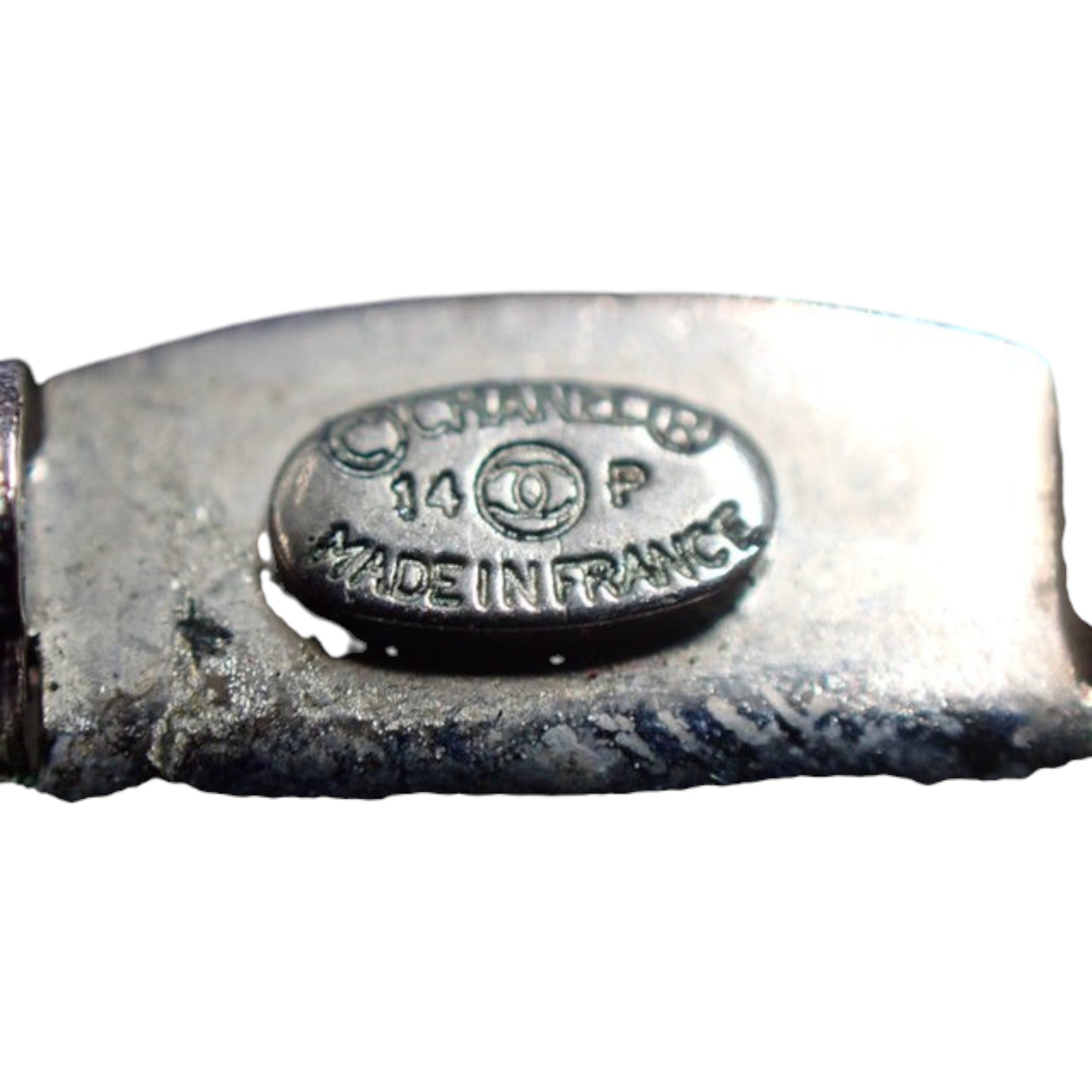 CURATED by Kira Chanel barrette featuring a metallic logo plaque with 14P hallmark and Made in France engraving
