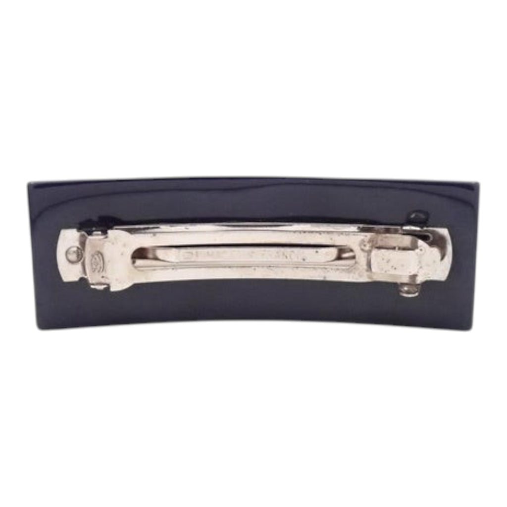 CURATED by Kira Chanel black barrette hair clip with silver-tone metal clasp, shown from the back.