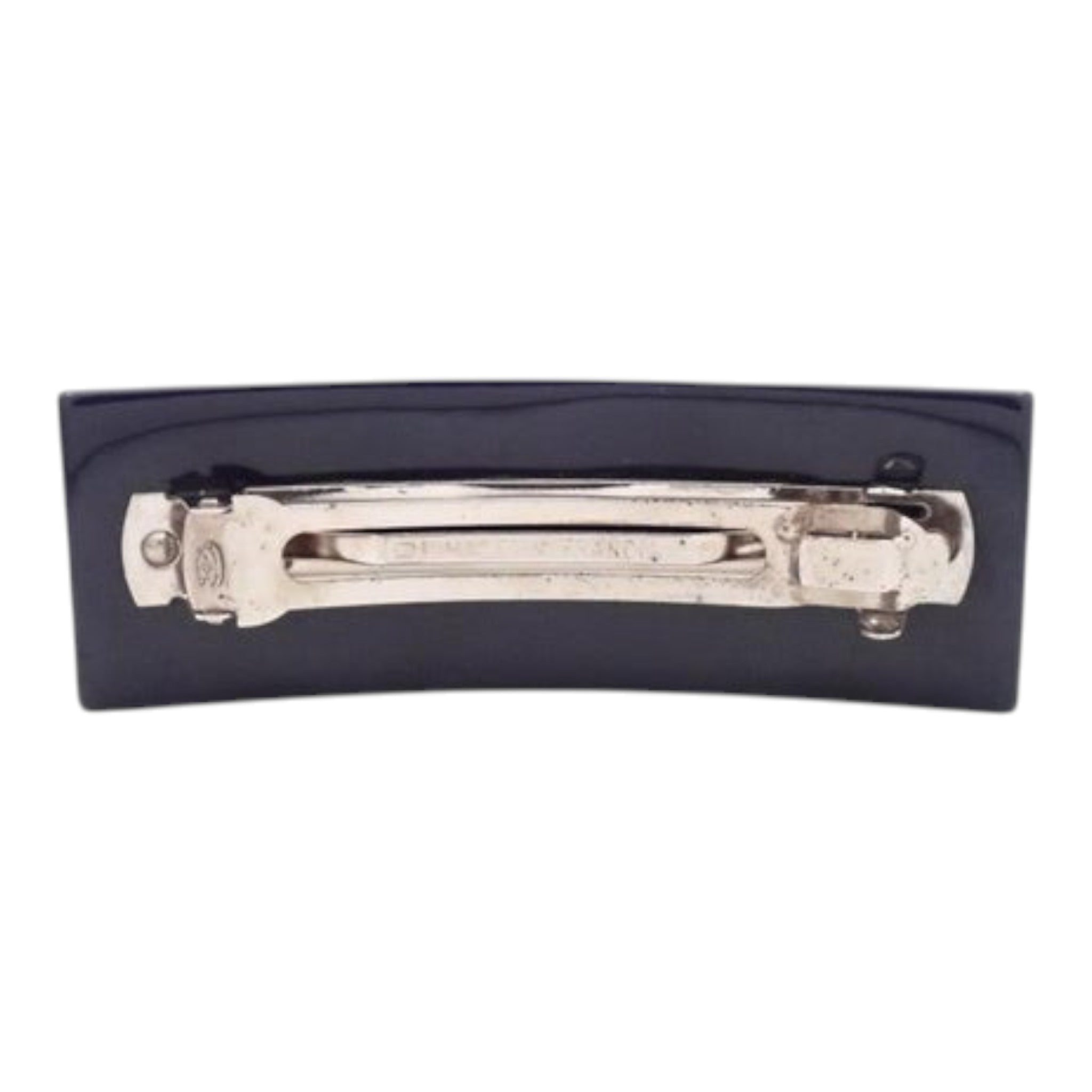 CURATED by Kira Chanel black barrette hair clip with silver-tone metal clasp, shown from the back.