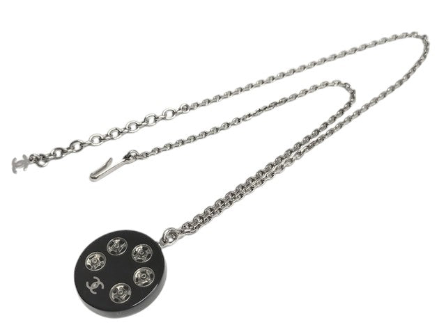 CURATED by Kira Chanel Coco Tire Silver Necklace, 46cm, black with silver hardware and Chanel logo detail.