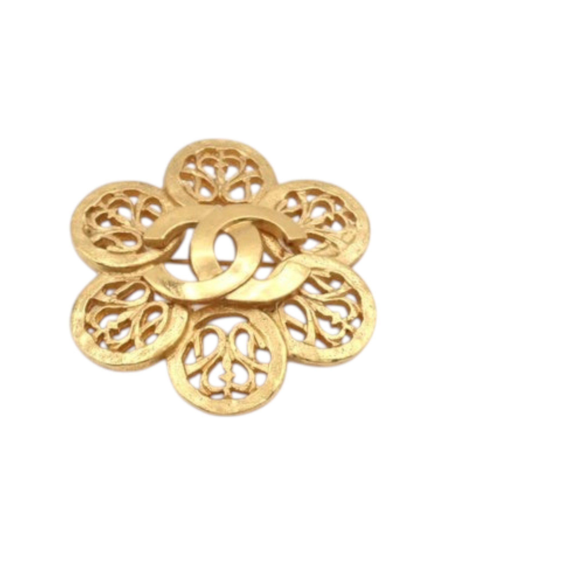 CURATED by Kira Chanel gold-tone metal brooch featuring an intricate floral Coco Mark design