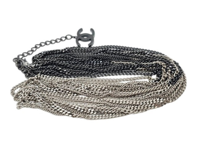 CURATED by Kira CHANEL silver and black multi-strand chain necklace with iconic CC logo charm, 64cm length.