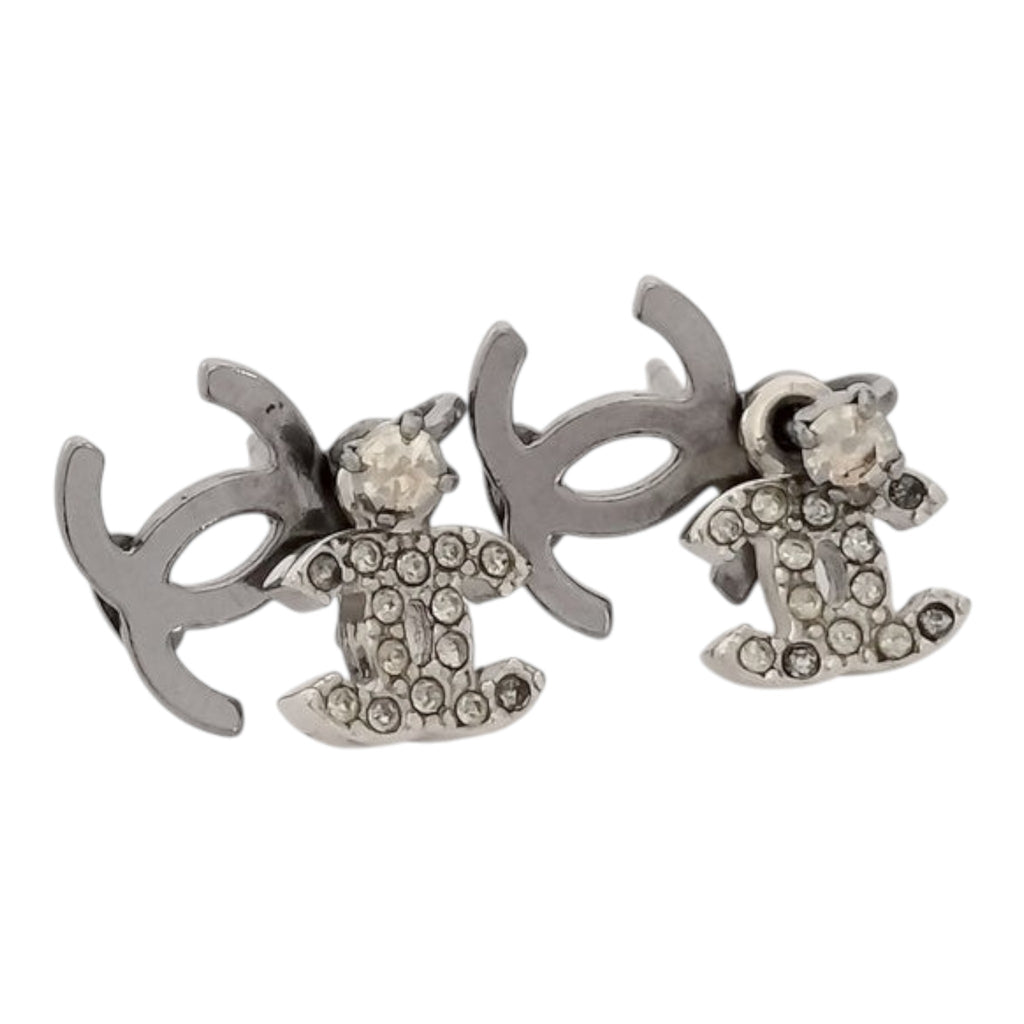 CURATED by Kira silver Chanel Coco earrings featuring rhinestone-encrusted CC logos in a classic stud design.