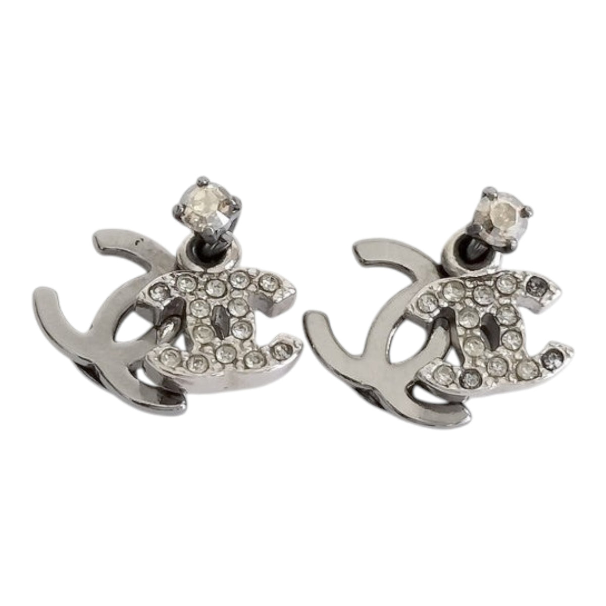 CURATED by Kira Chanel Coco silver earrings featuring sparkling rhinestones and iconic interlocking CC logo design.