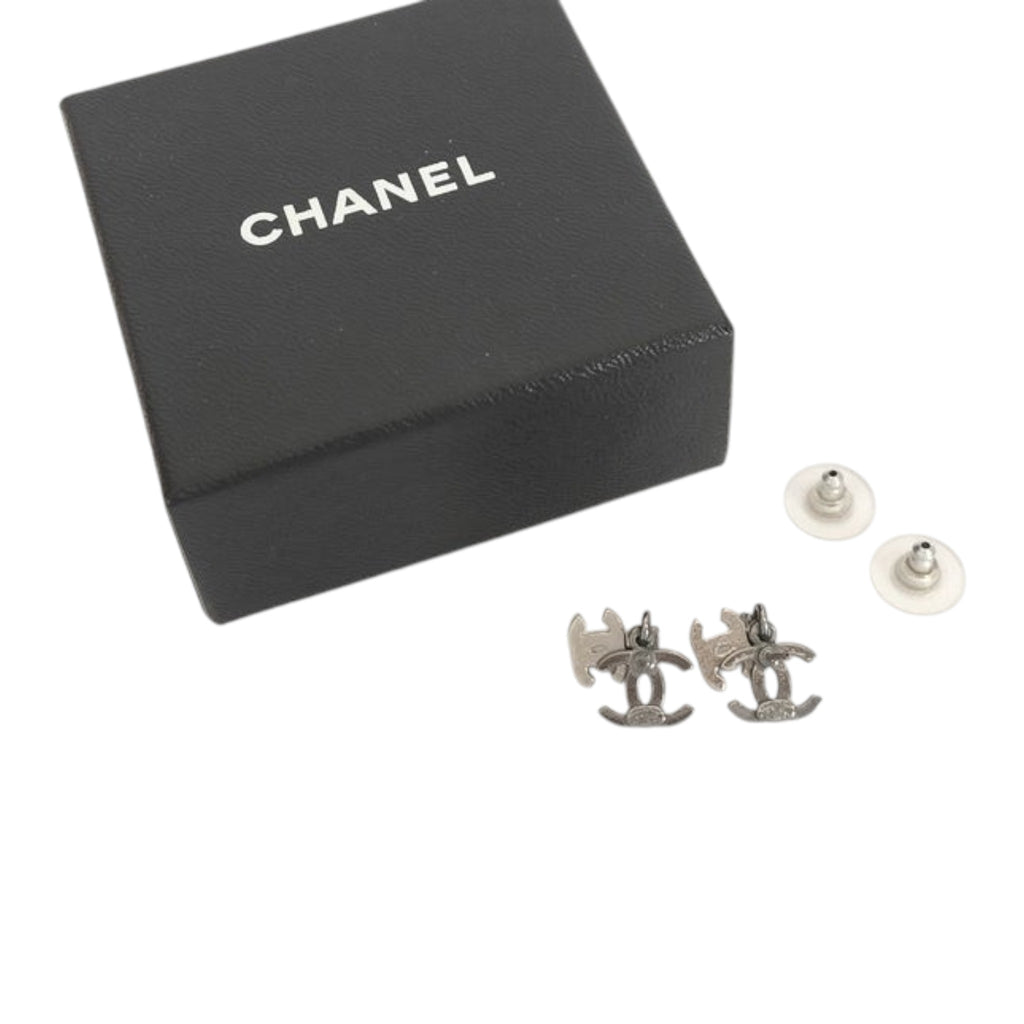 CURATED by Kira Chanel Coco rhinestone silver stud earrings with branded black presentation box