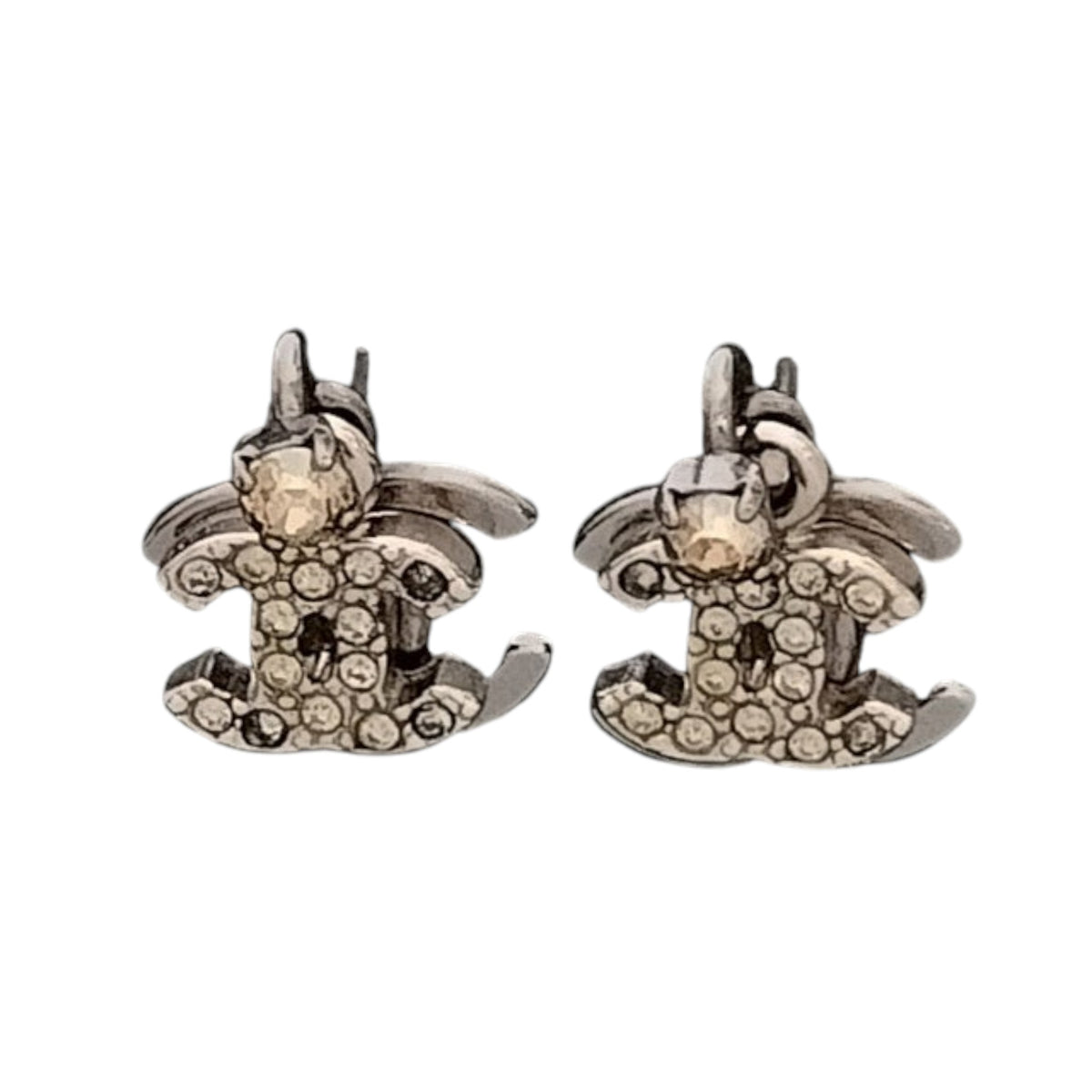 CURATED by Kira CHANEL Coco silver stud earrings featuring sparkling rhinestones in a classic logo design
