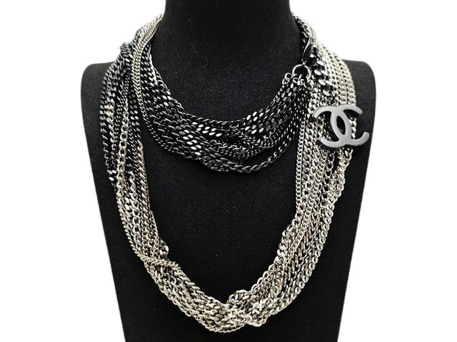 CURATED by Kira CHANEL multi-strand silver and black chain necklace with iconic CC logo charm
