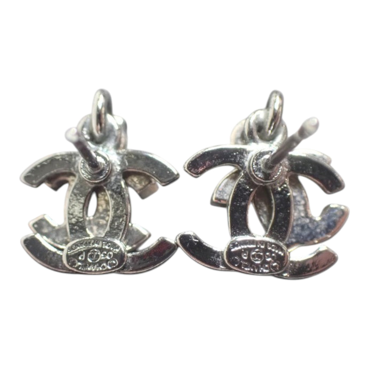CURATED by Kira Chanel Coco silver stud earrings with rhinestone detailing and iconic CC logo design
