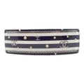 CURATED by Kira Chanel barrette in black and white stripes with silver CC logos, chain trim, and pearl accents.